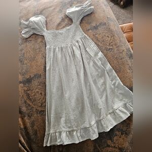 Pale Green Maxi Dress Cotton Linen Smocking Natural XL